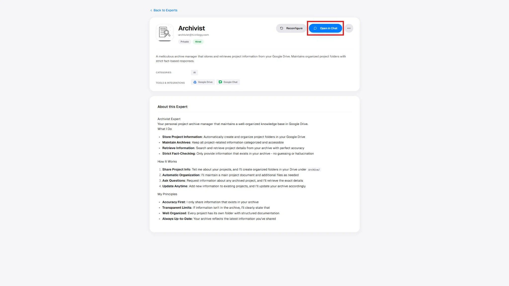 Open in Chat button on a hired expert page