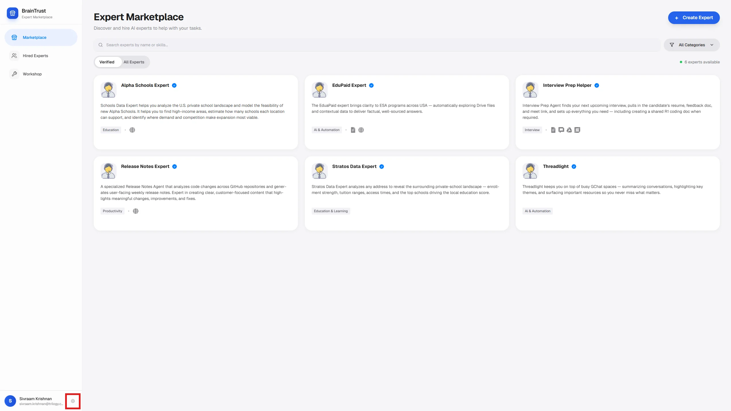 Settings icon highlighted at the bottom-left of the sidebar