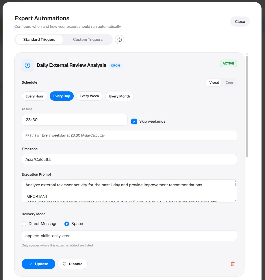 Expert Automations modal on the Standard Triggers tab showing cron templates