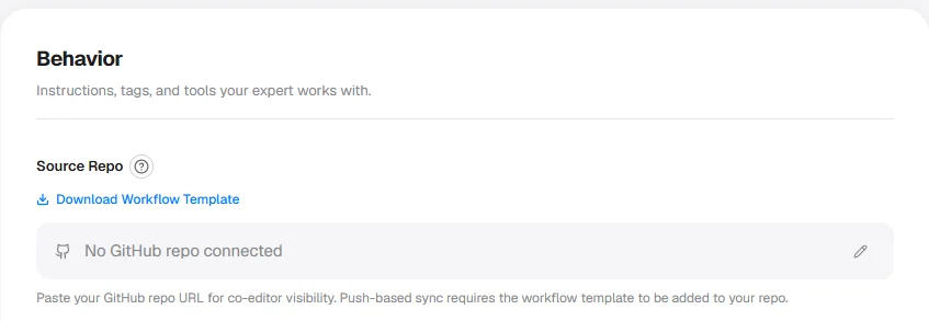 GitHubSyncField on the Edit Expert form showing a populated Source Repo URL and the workflow-template download button