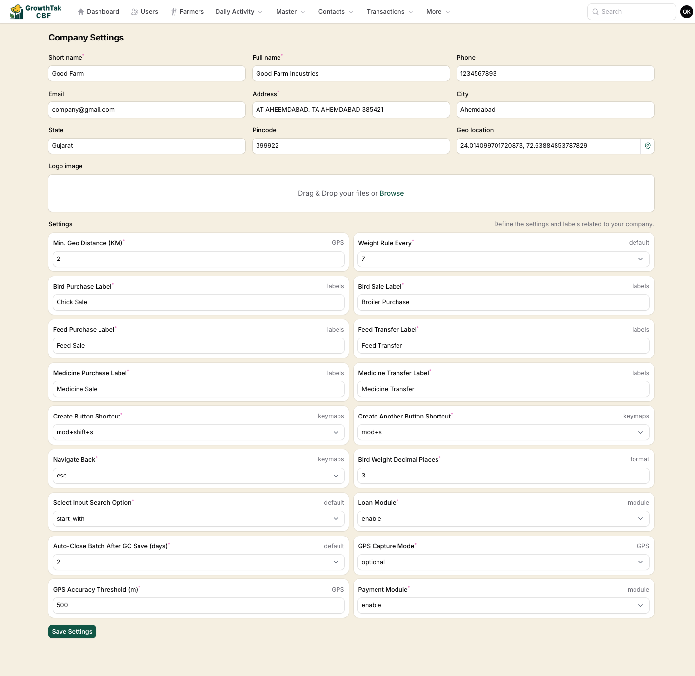 Company settings page