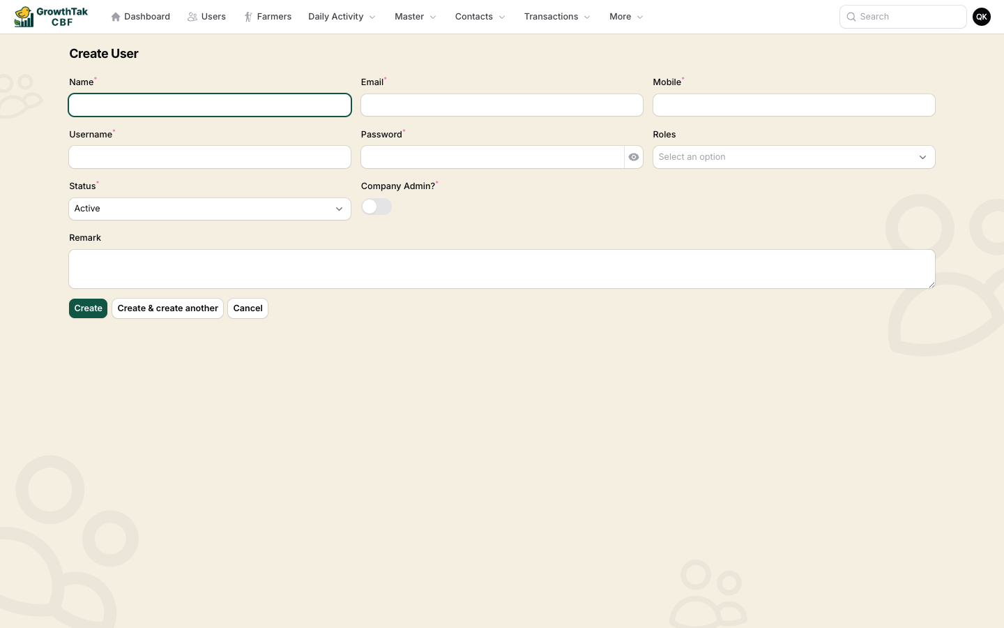 Create user form