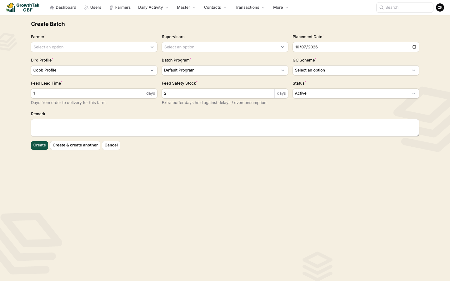 Create batch form
