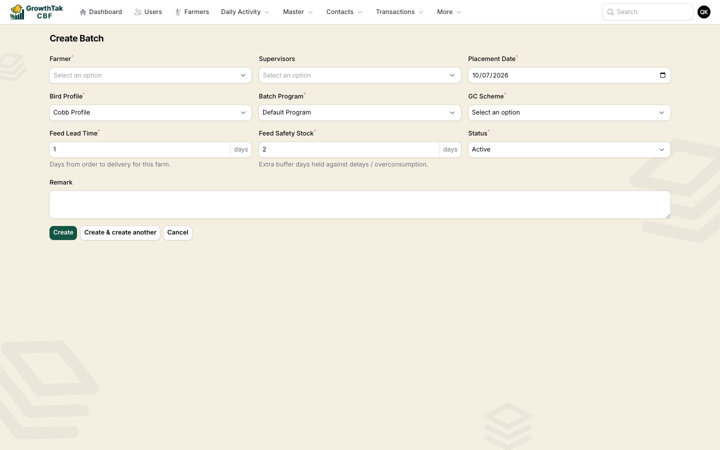 Create batch form