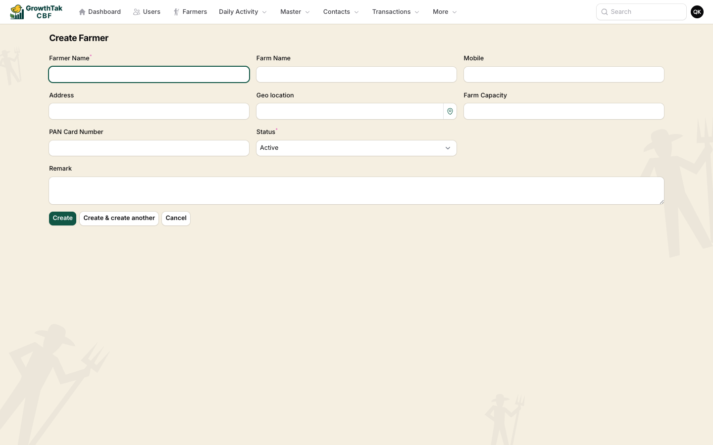 Create farmer form