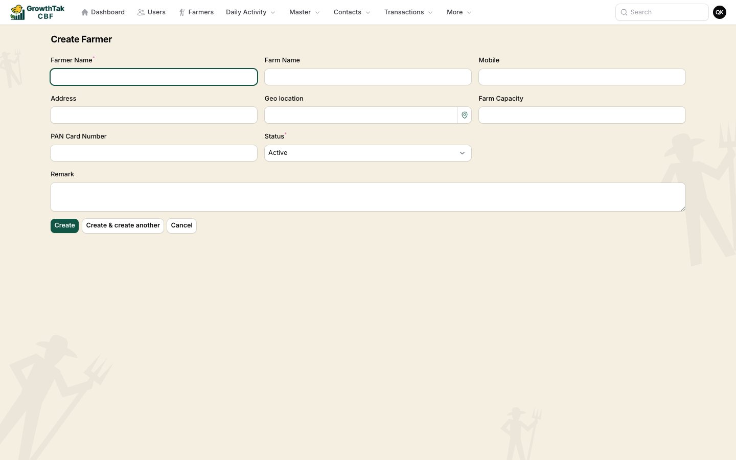 Create farmer form