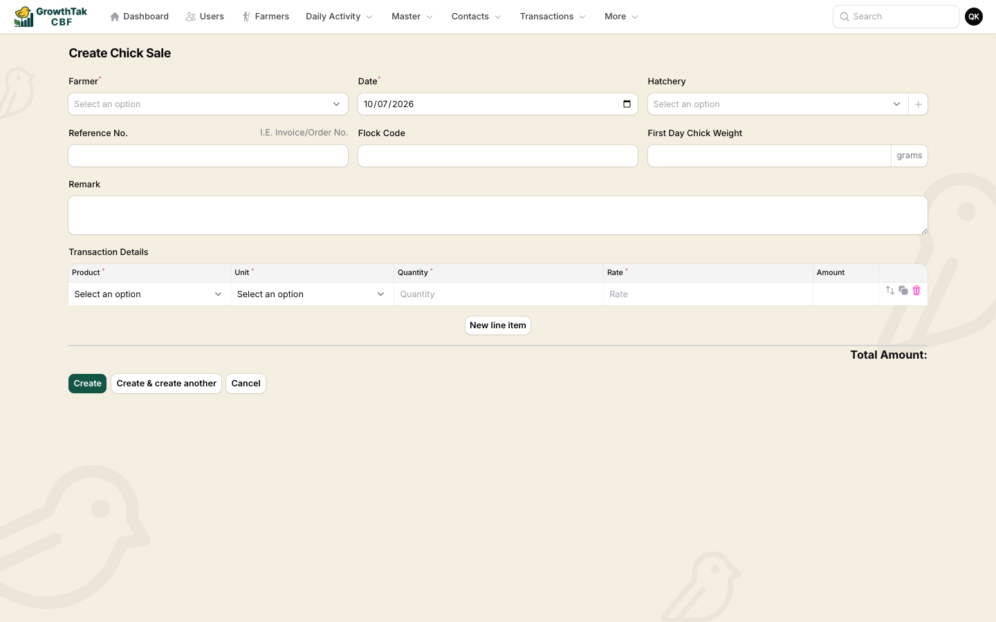 Transaction create form