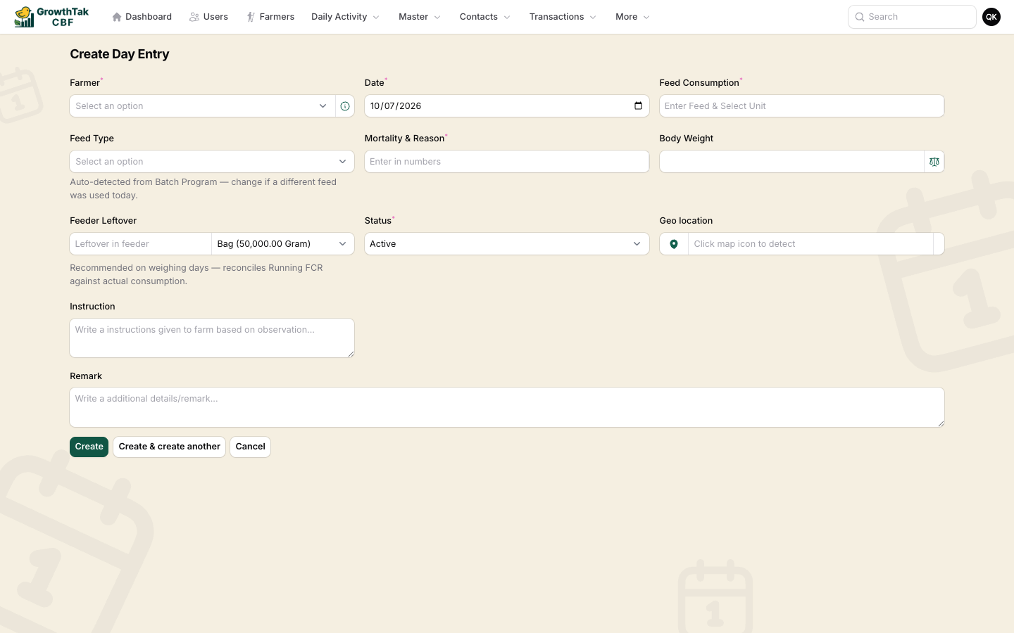 Day entry create form