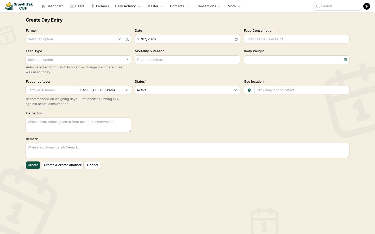 Day entry create form