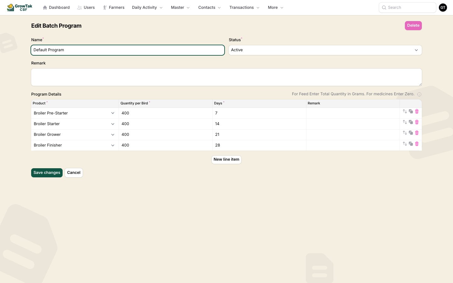 Batch program edit form