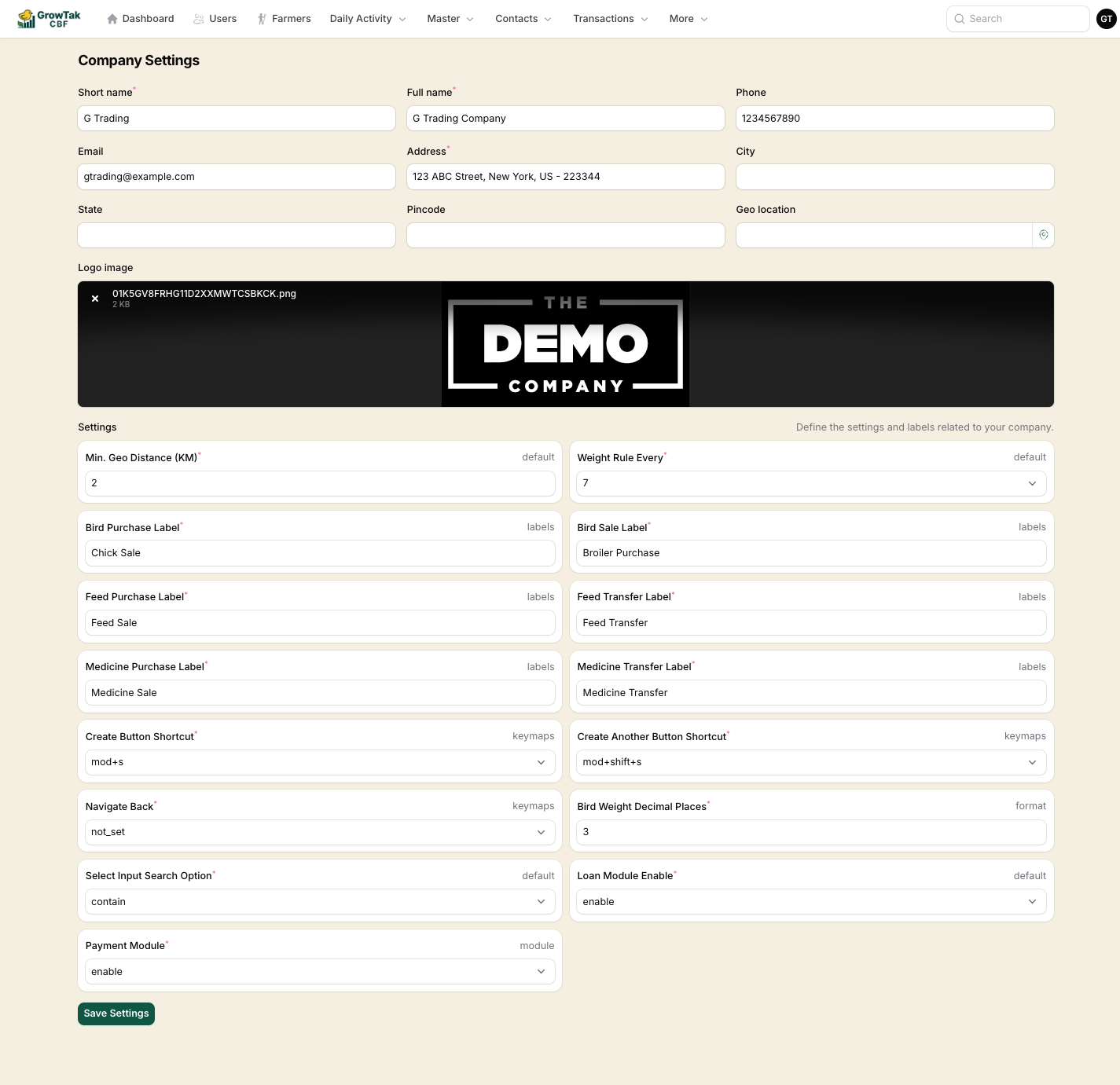 Company settings page