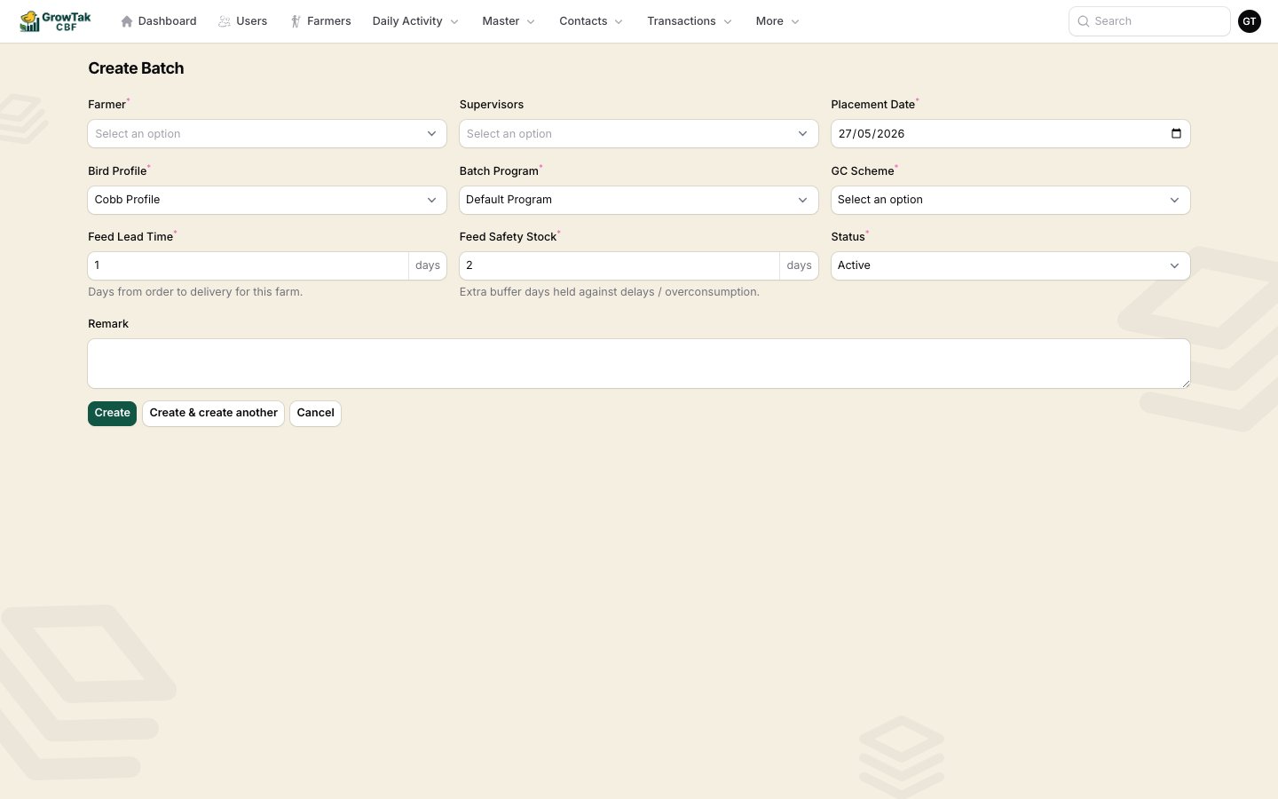 Create batch form