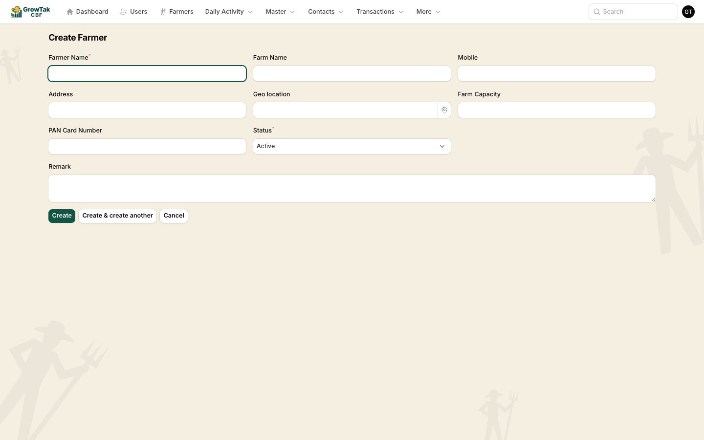 Create farmer form