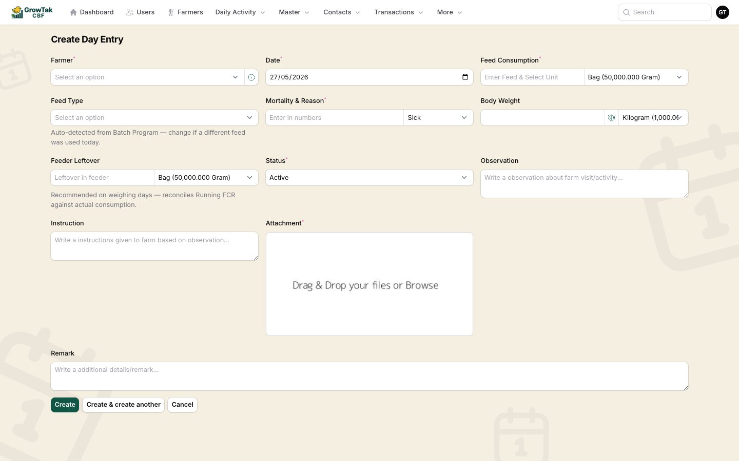Day entry create form