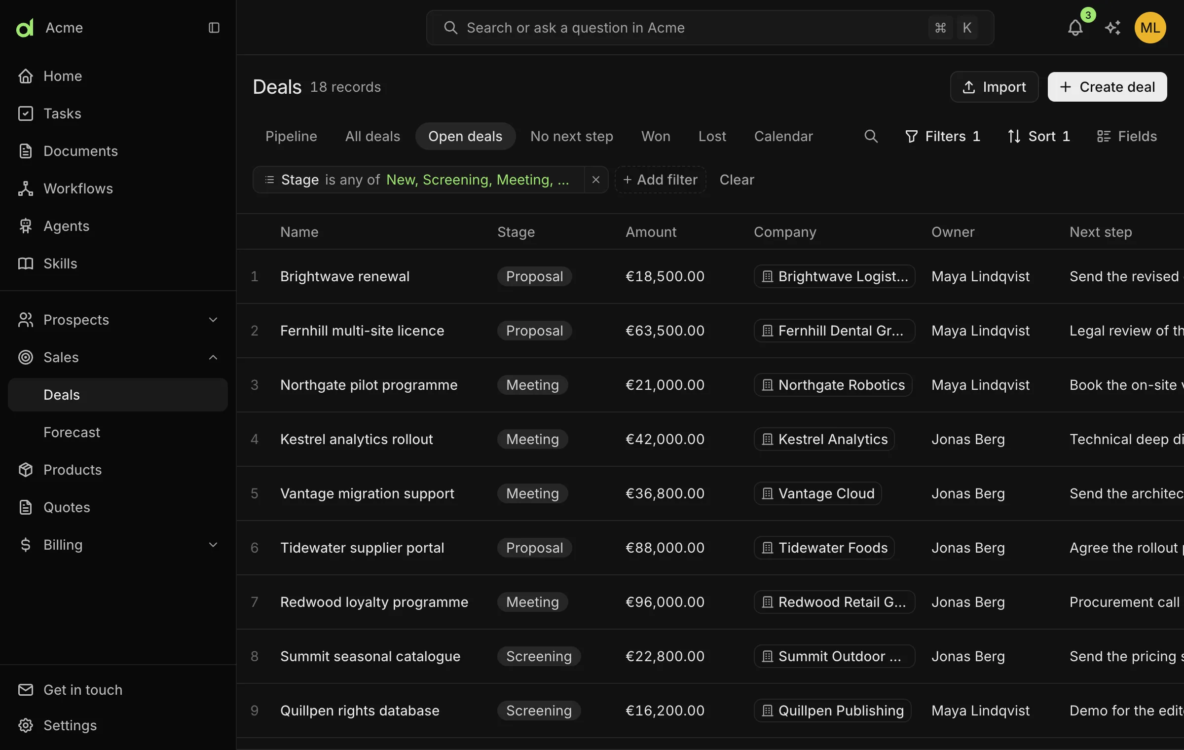 A table of open deals with the view tabs Pipeline, All deals, Open deals, No next step, Won, Lost and Calendar, the search, Filters, Sort and Fields controls, and a chip showing the filter Stage is any of New, Screening, Meeting and Proposal