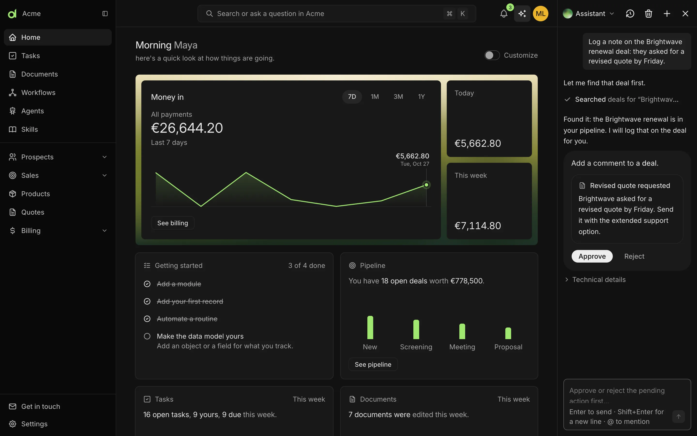 The Devias studio: a Home dashboard with money in, pipeline and tasks, and the assistant panel open with an approval card for a comment on a deal