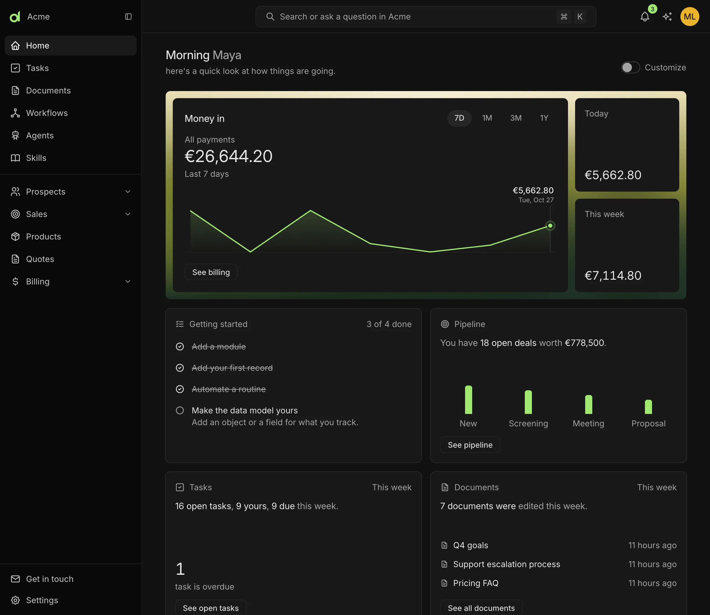 The Home page of the studio, with a money chart, a getting started list, a pipeline summary, open tasks and recent documents