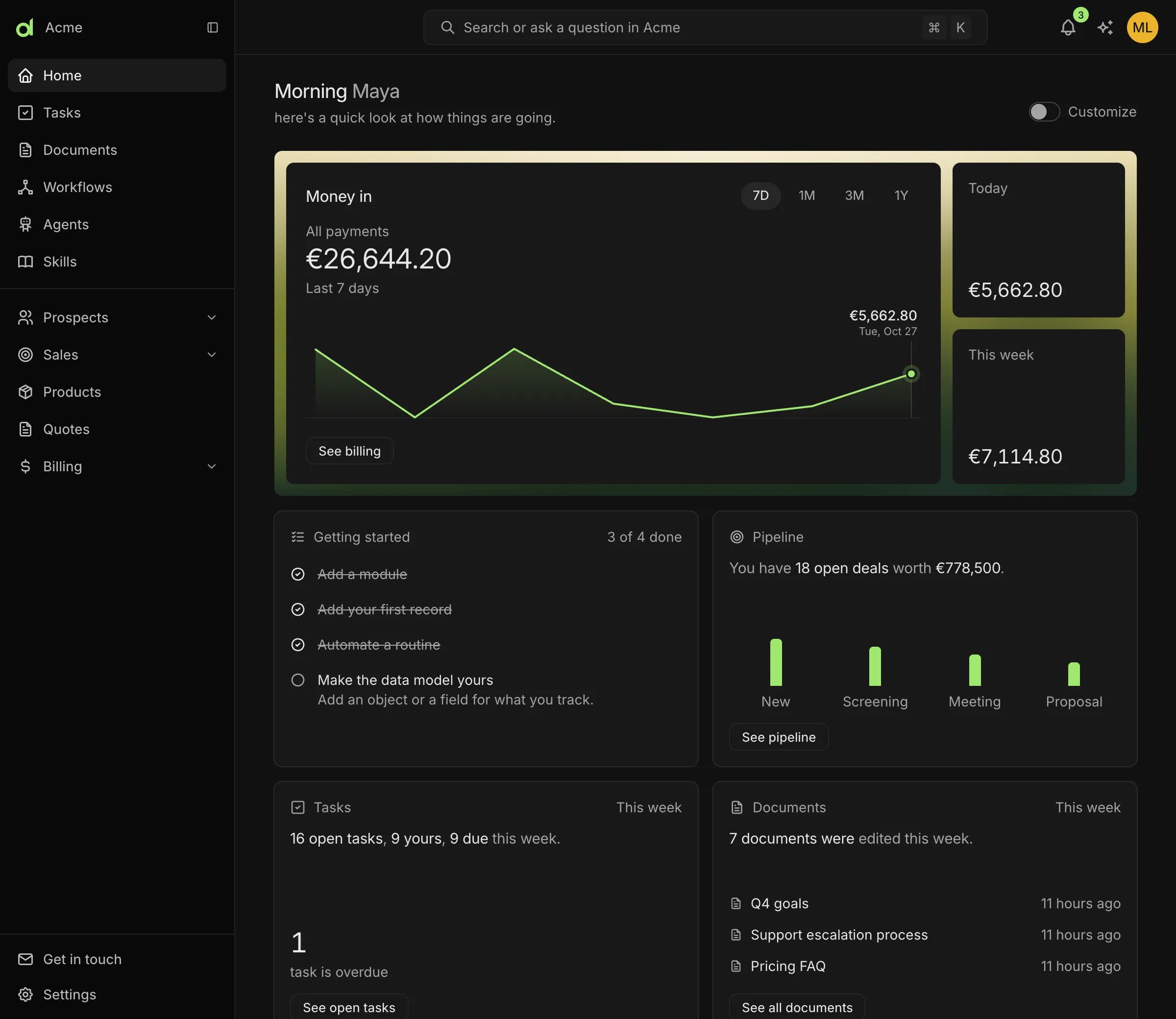 The Home page of the studio, with a money chart, a getting started list, a pipeline summary, open tasks and recent documents