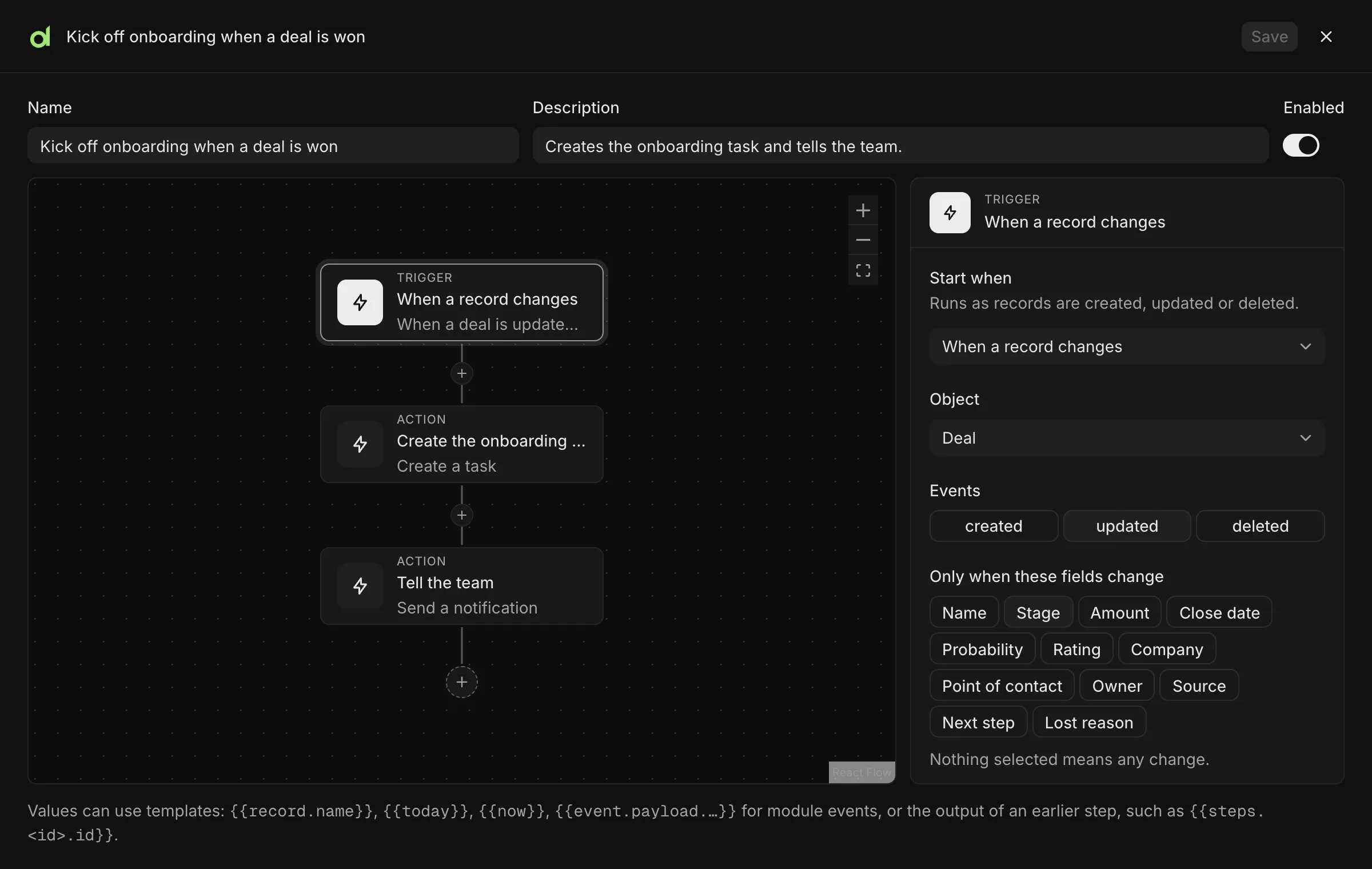 The workflow editor with a trigger that fires when a deal is updated, two steps that create a task and send a notification, and the trigger's settings on the right