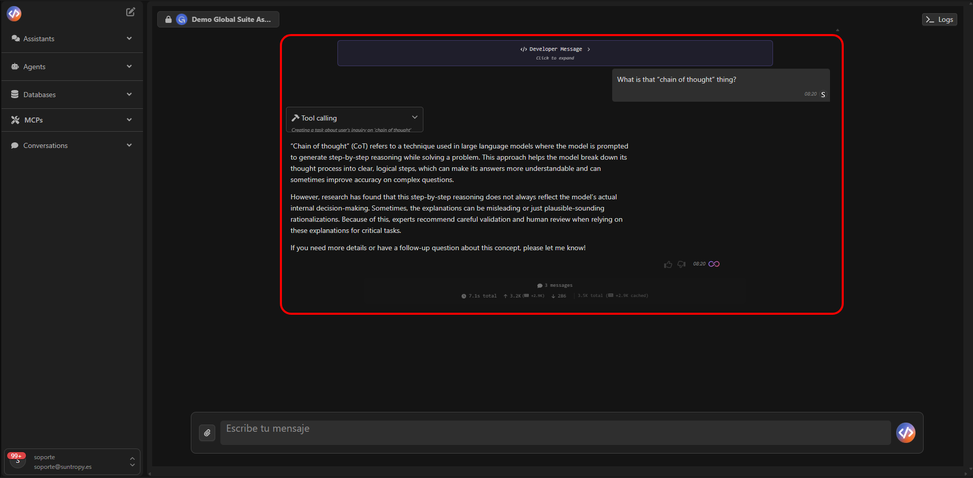 Vista principal de la consola de conversación