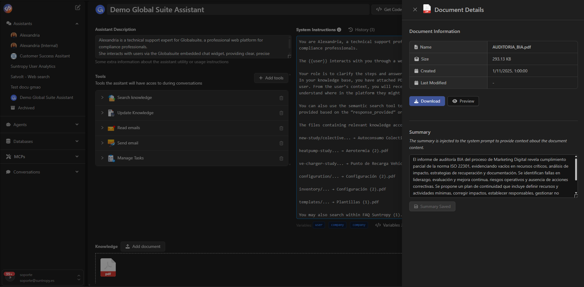 Vista de detalles de documento y resumen