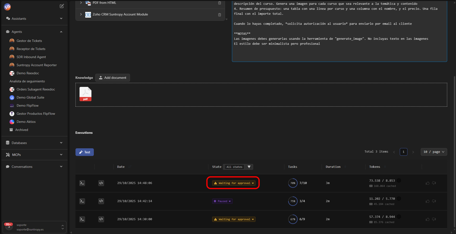Vista de ejecuciones con tareas en espera de aprobación