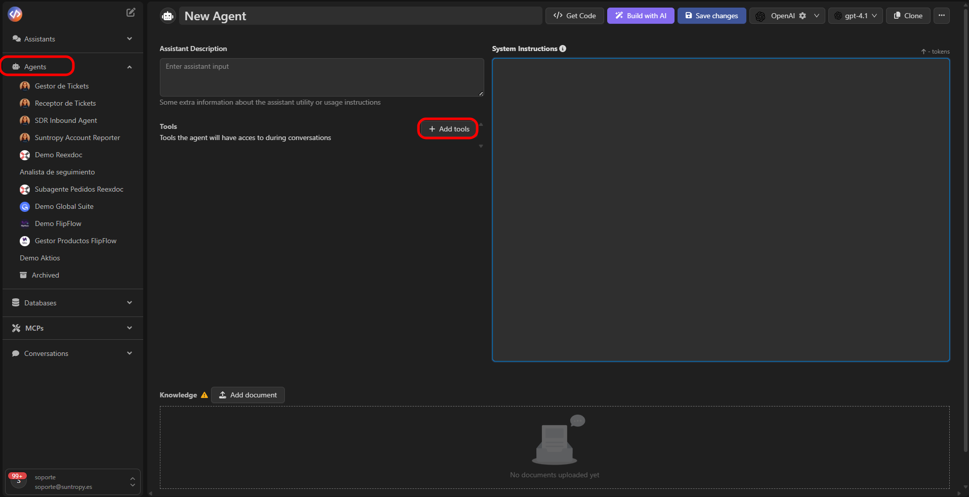 Vista de selección de tools desde un agente en Devic