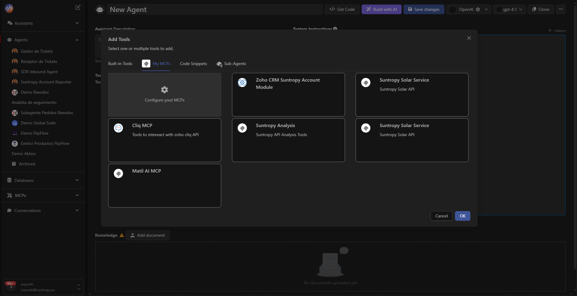 Asistente configurando tools MCP en Devic