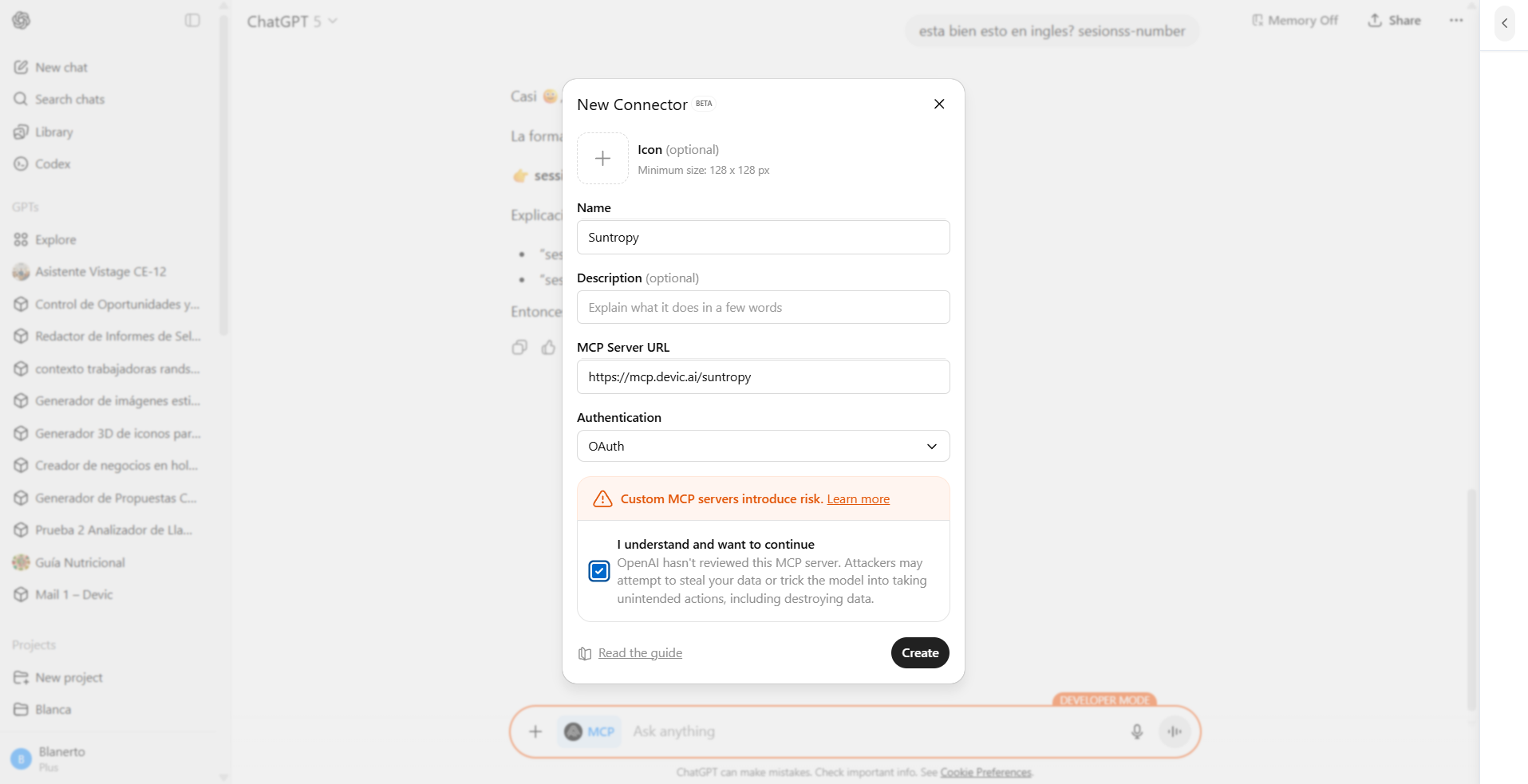Ejemplo de ChatGPT Developer Mode con MCP conectado