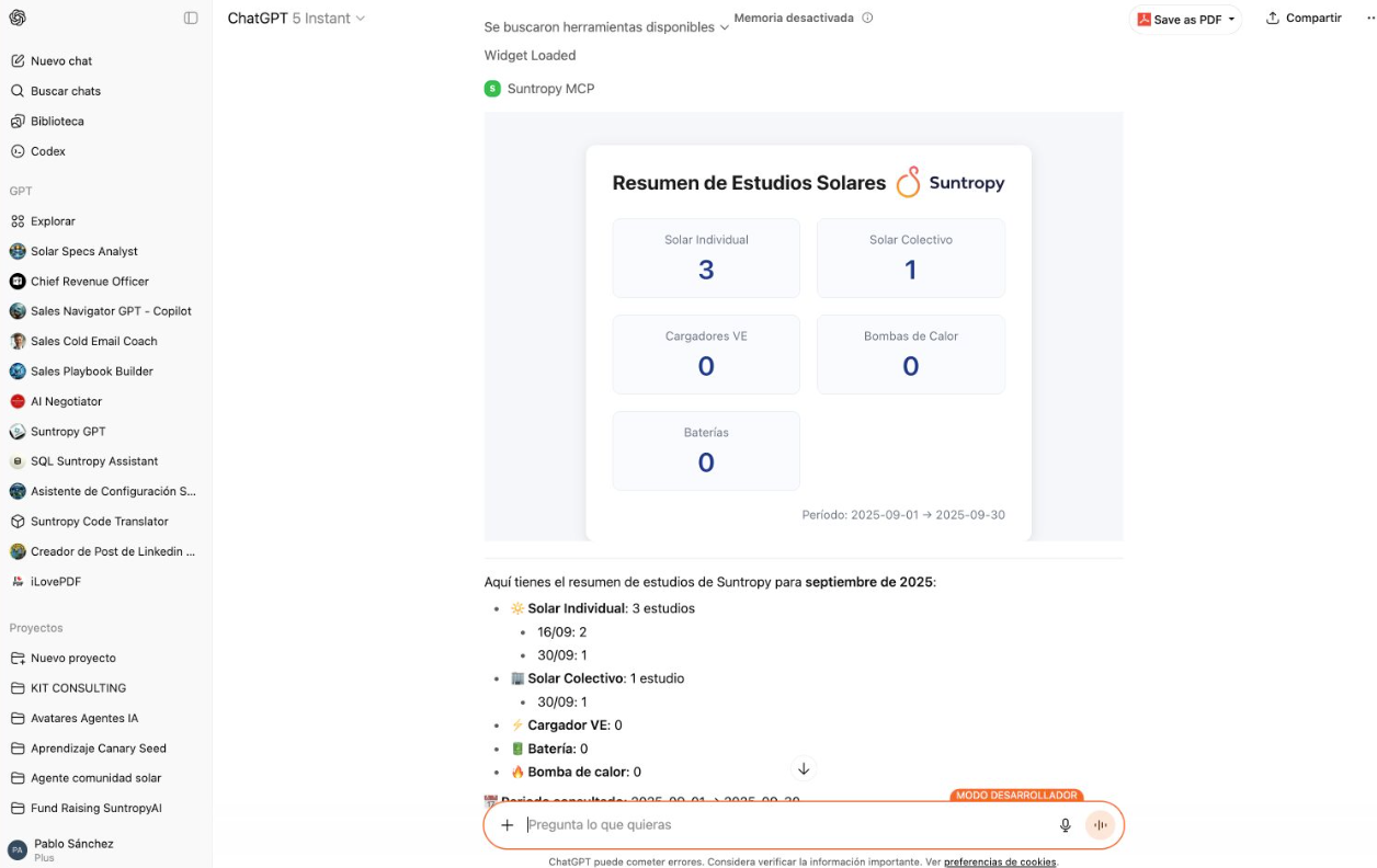 Ejemplo de widget renderizado dentro de ChatGPT con datos en tiempo real