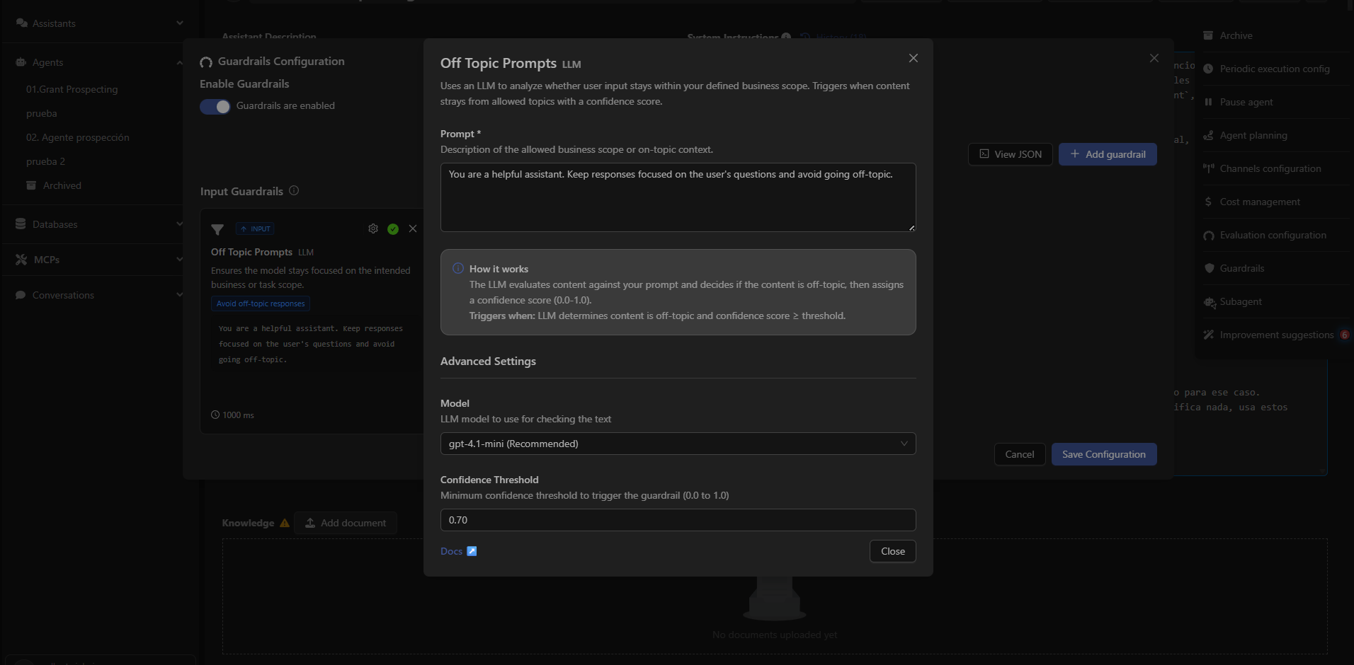 Off Topic Prompts configuration panel