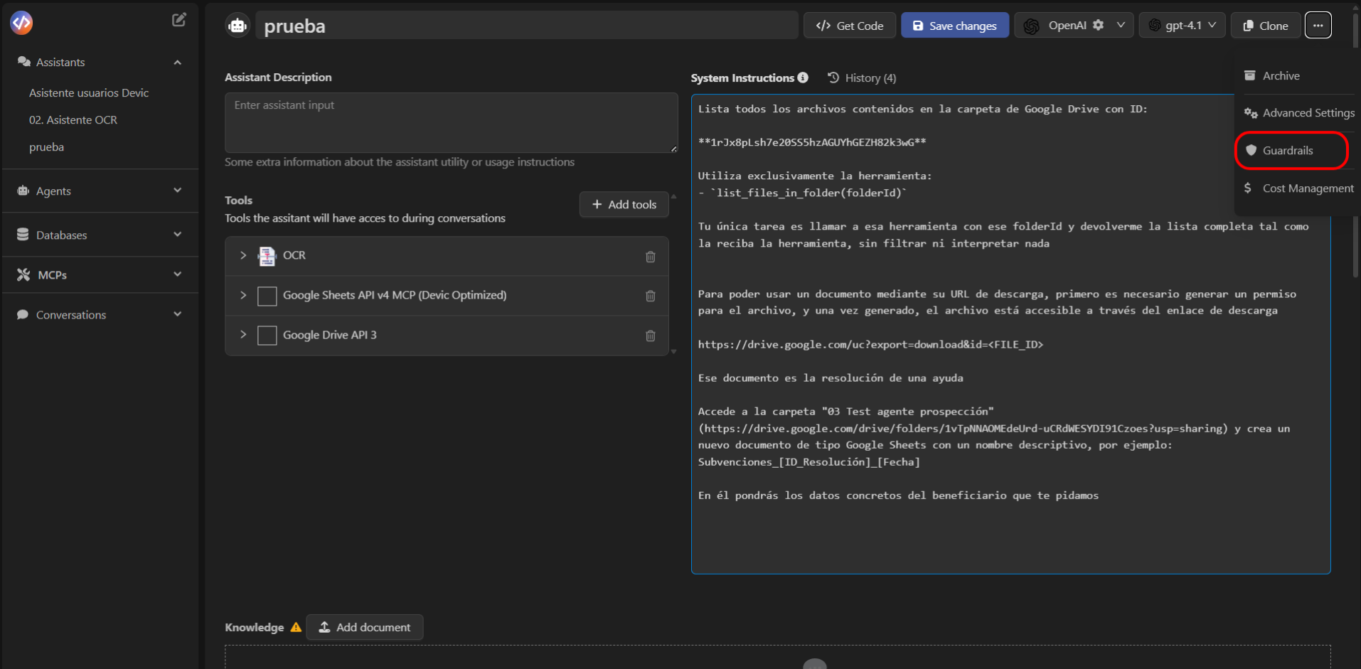 Access to guardrail configuration in the assistant