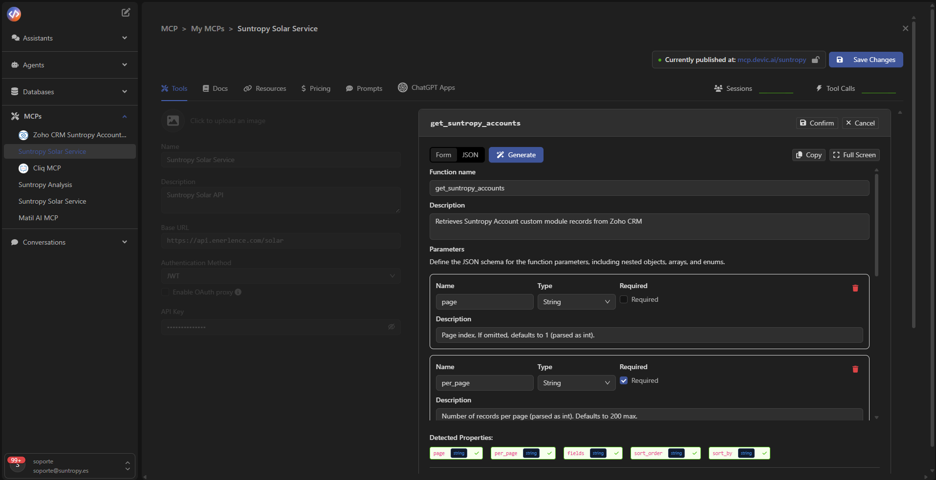 Parámetros y propiedades detectadas