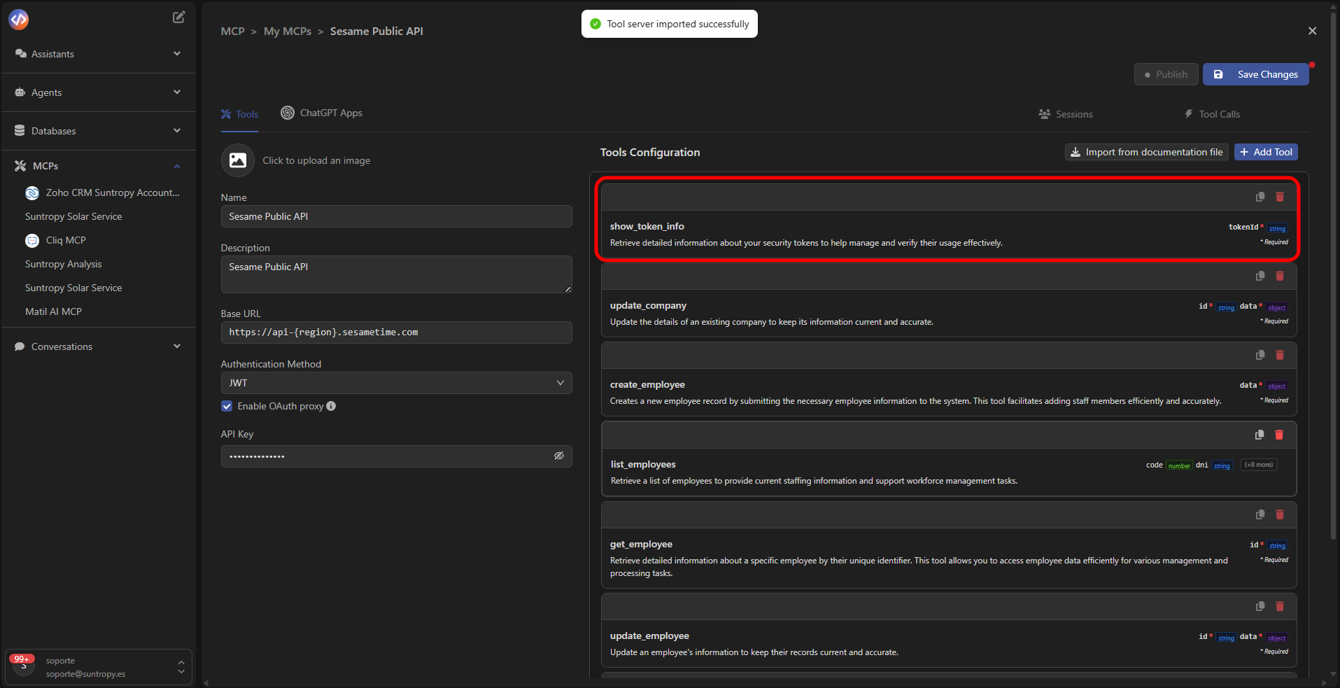 Panel de Tools Configuration