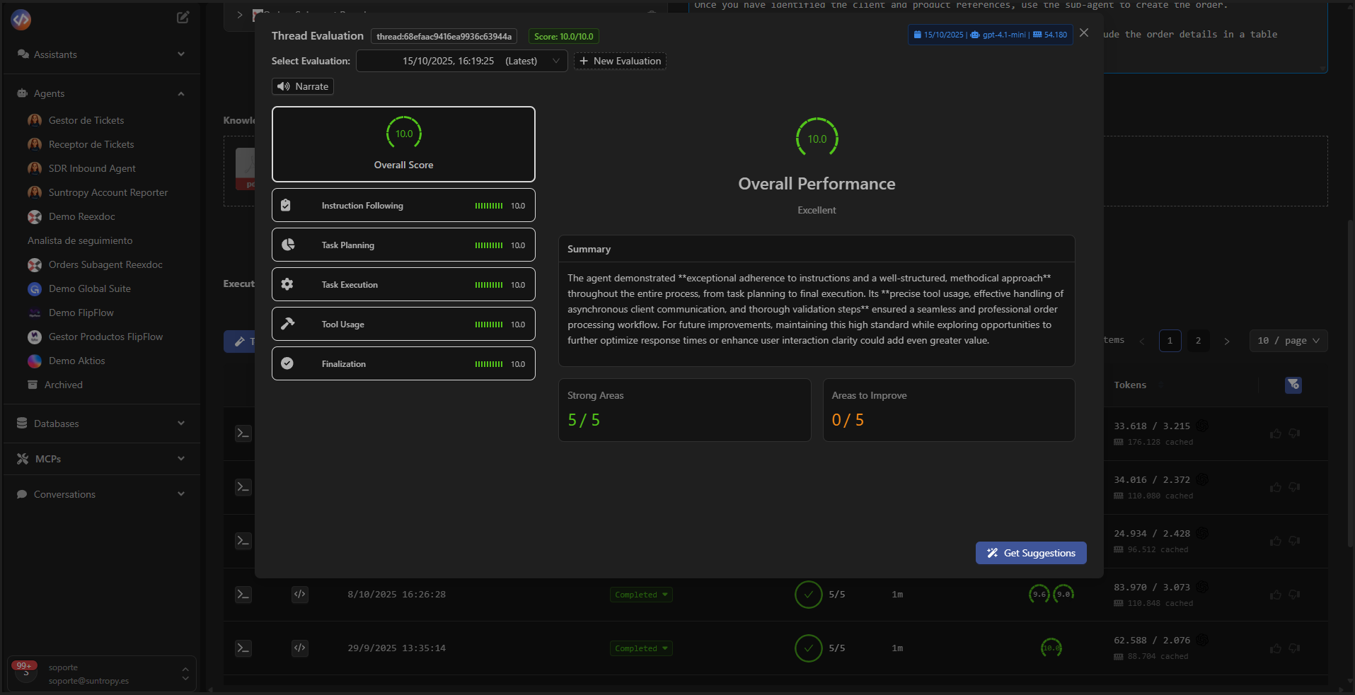 Evaluación con puntuación general y resumen de desempeño