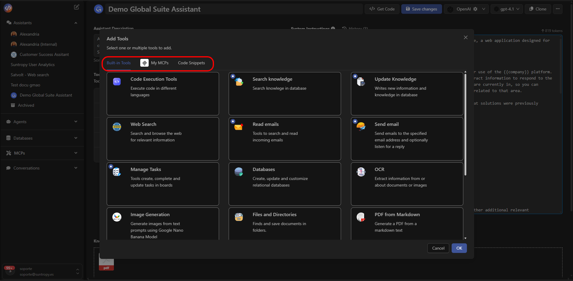 Selector de Tools del asistente
