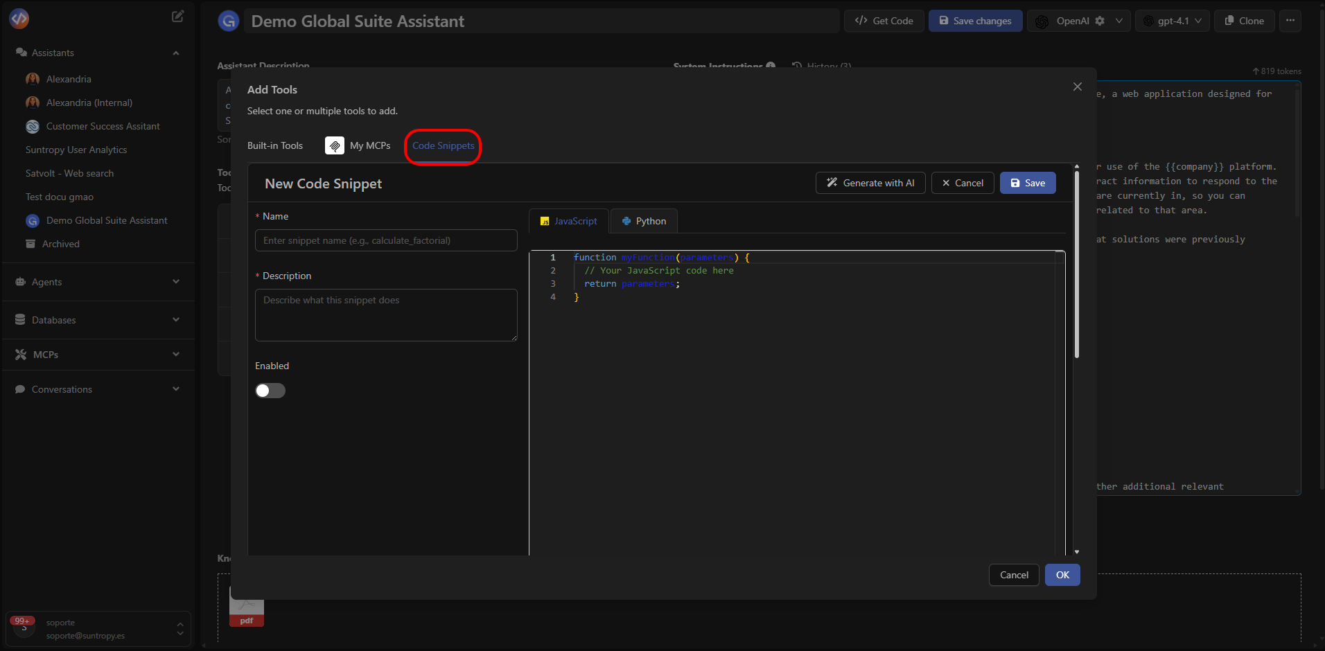 Vista de Code Snippets
