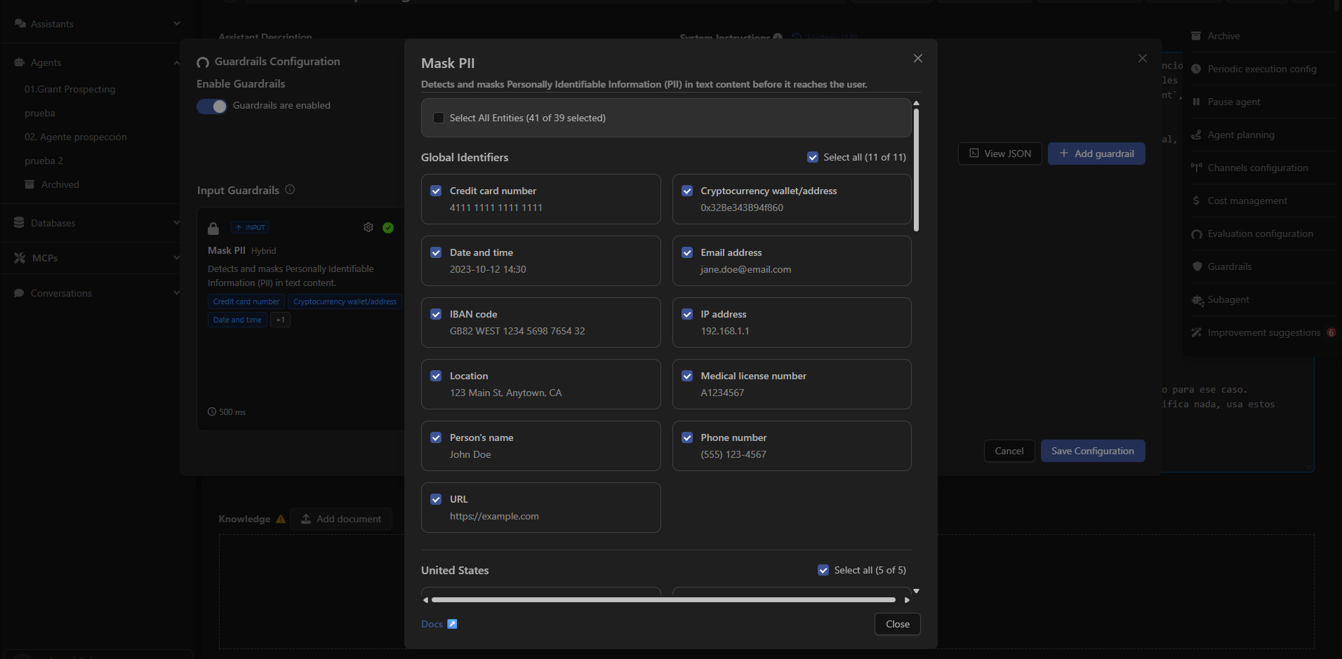 Example of selectable PII categories in Devic