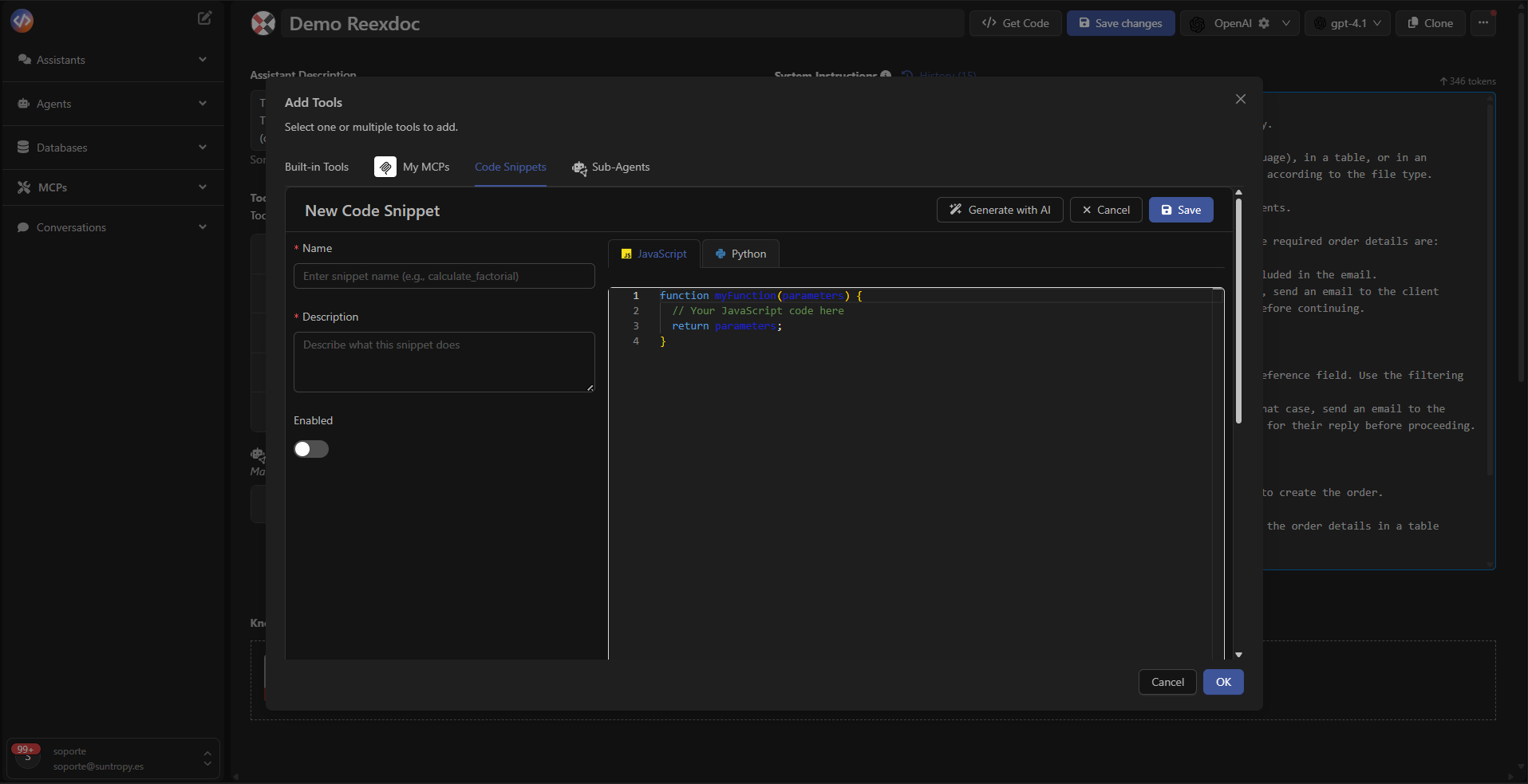 Panel de Code Snippets