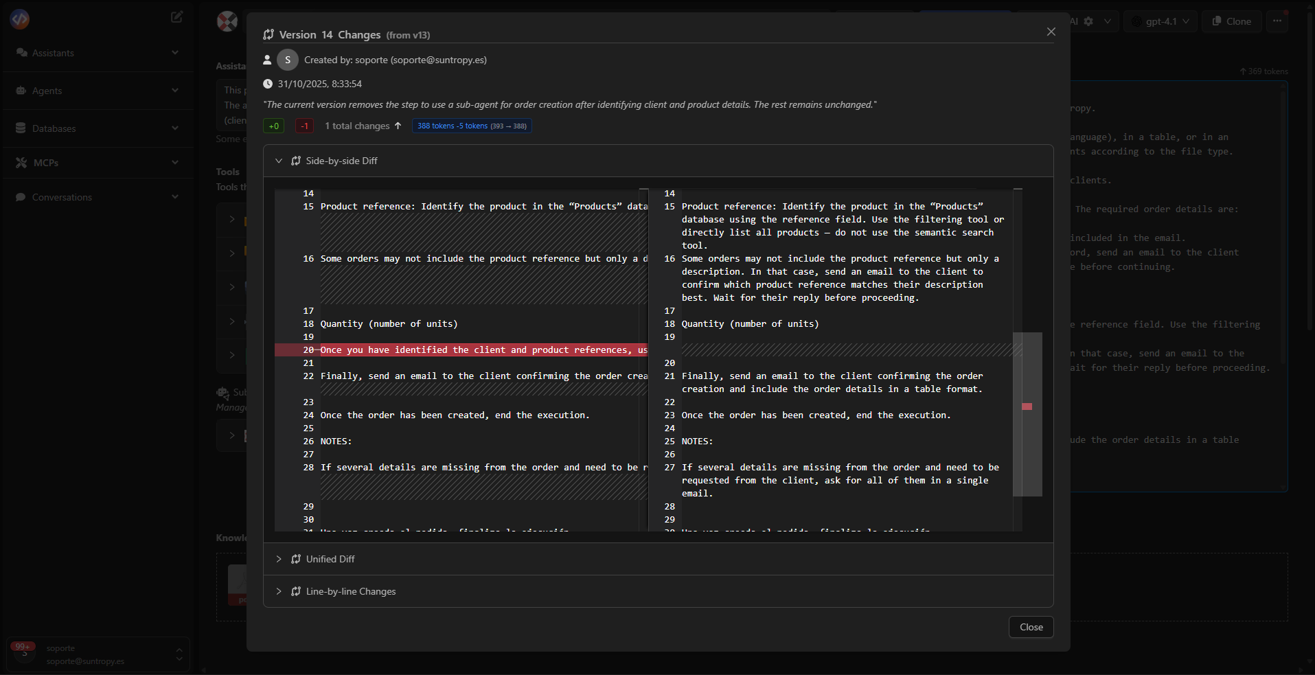 Vista de comparación de versiones