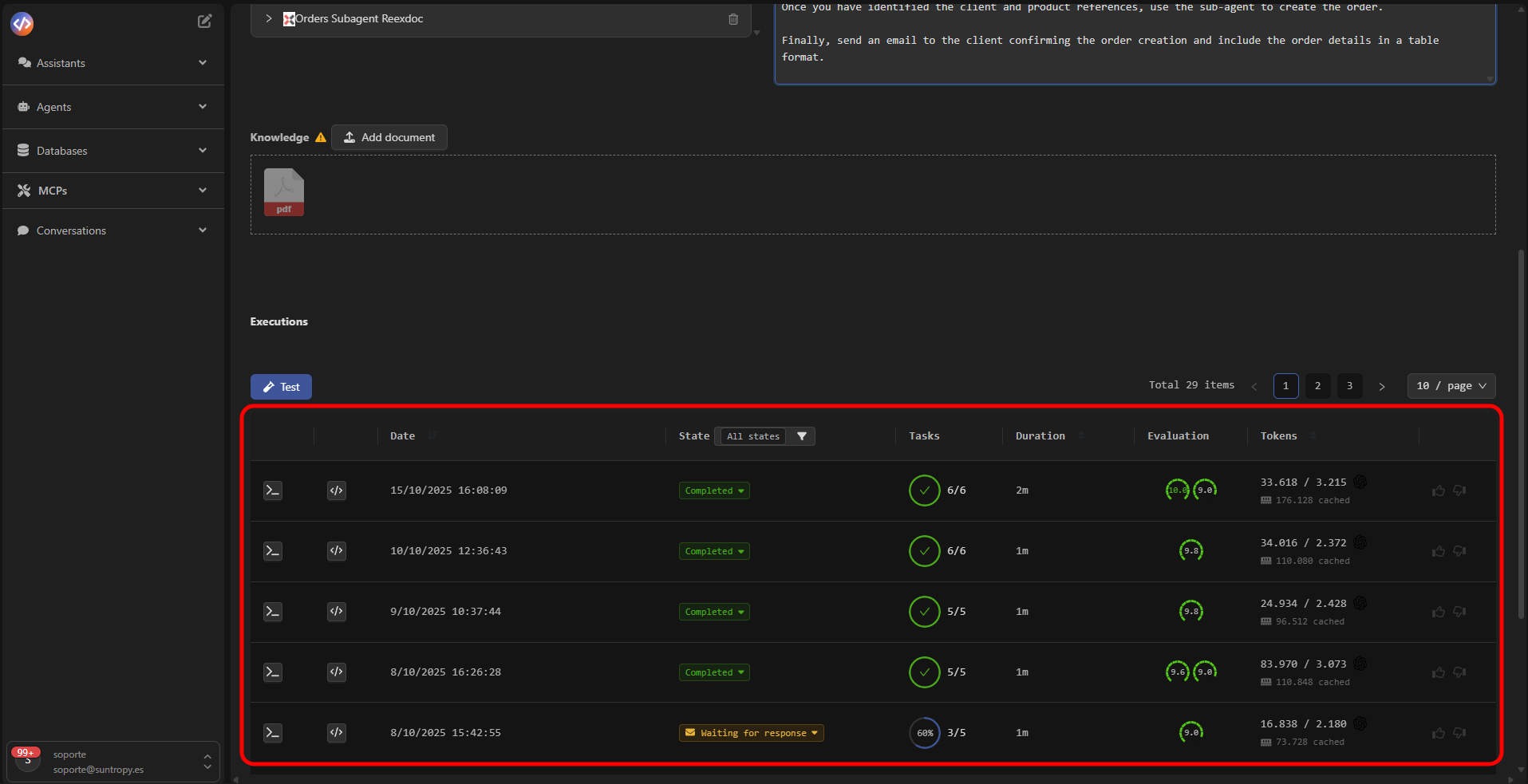 Histórico de ejecuciones del agente