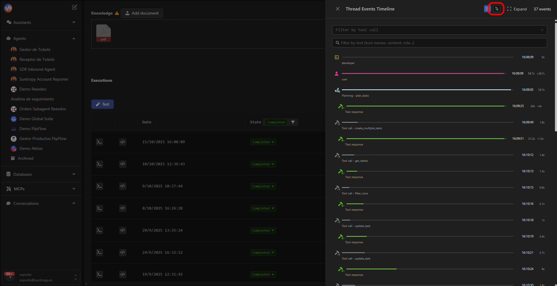 Visualización del timeline de eventos