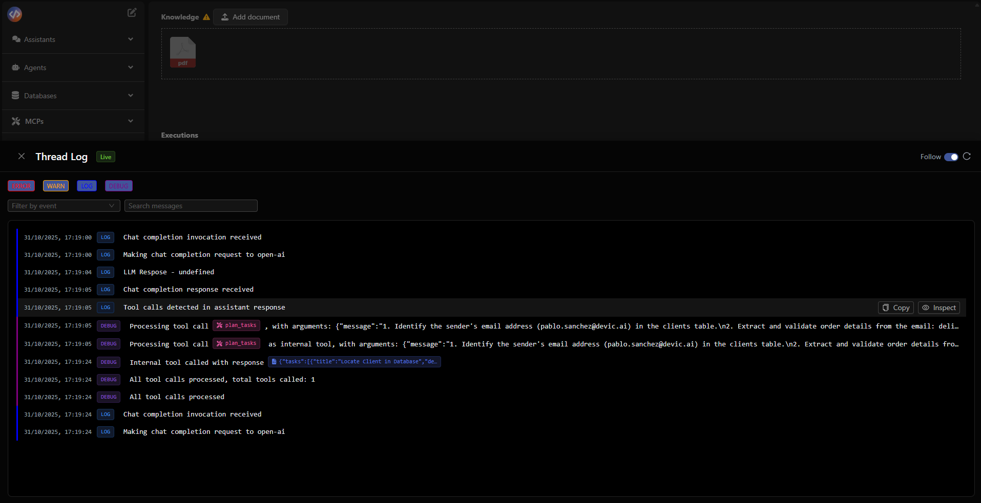 Panel principal de logs