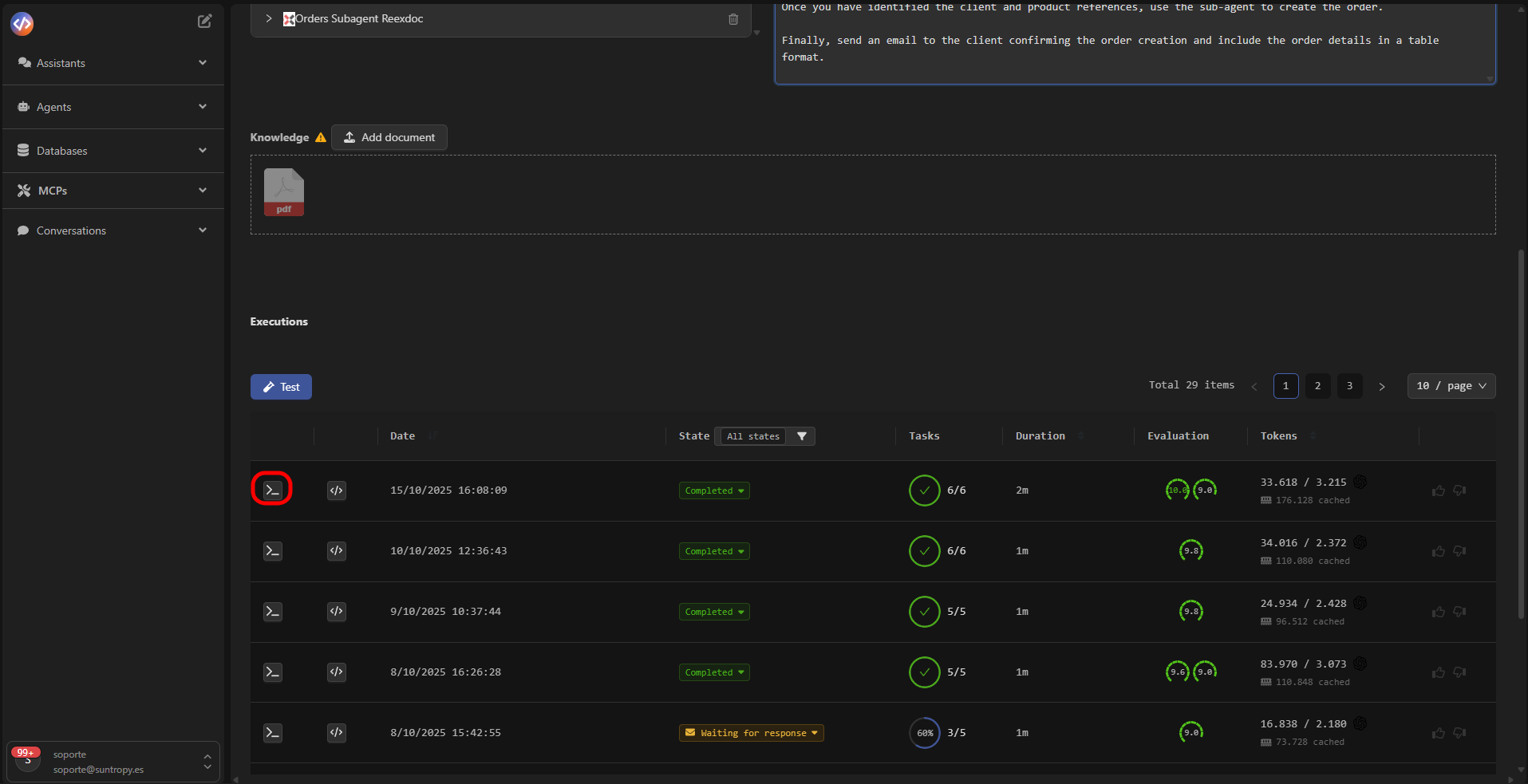 Panel principal de logs
