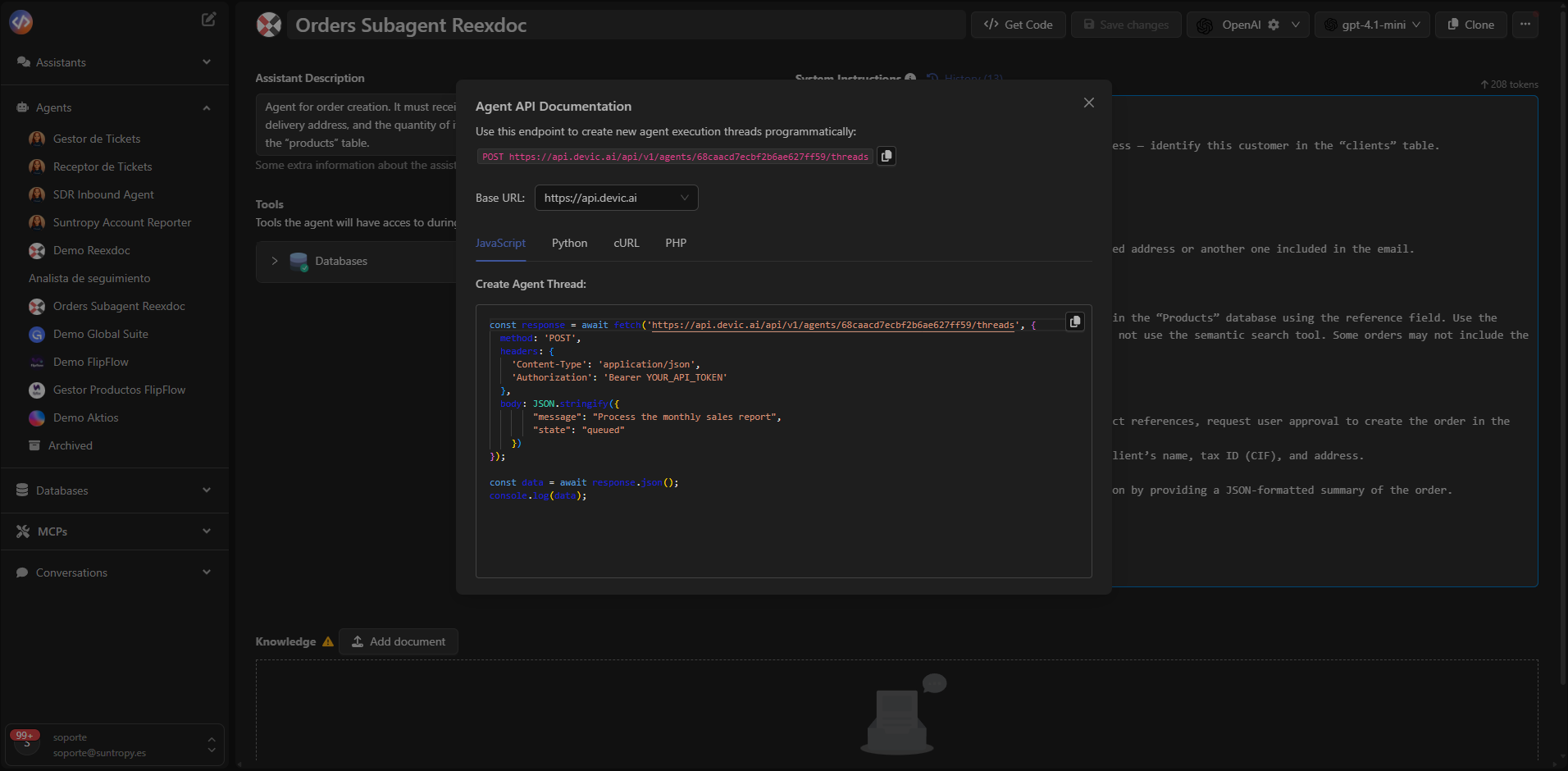 Vista del panel API del agente