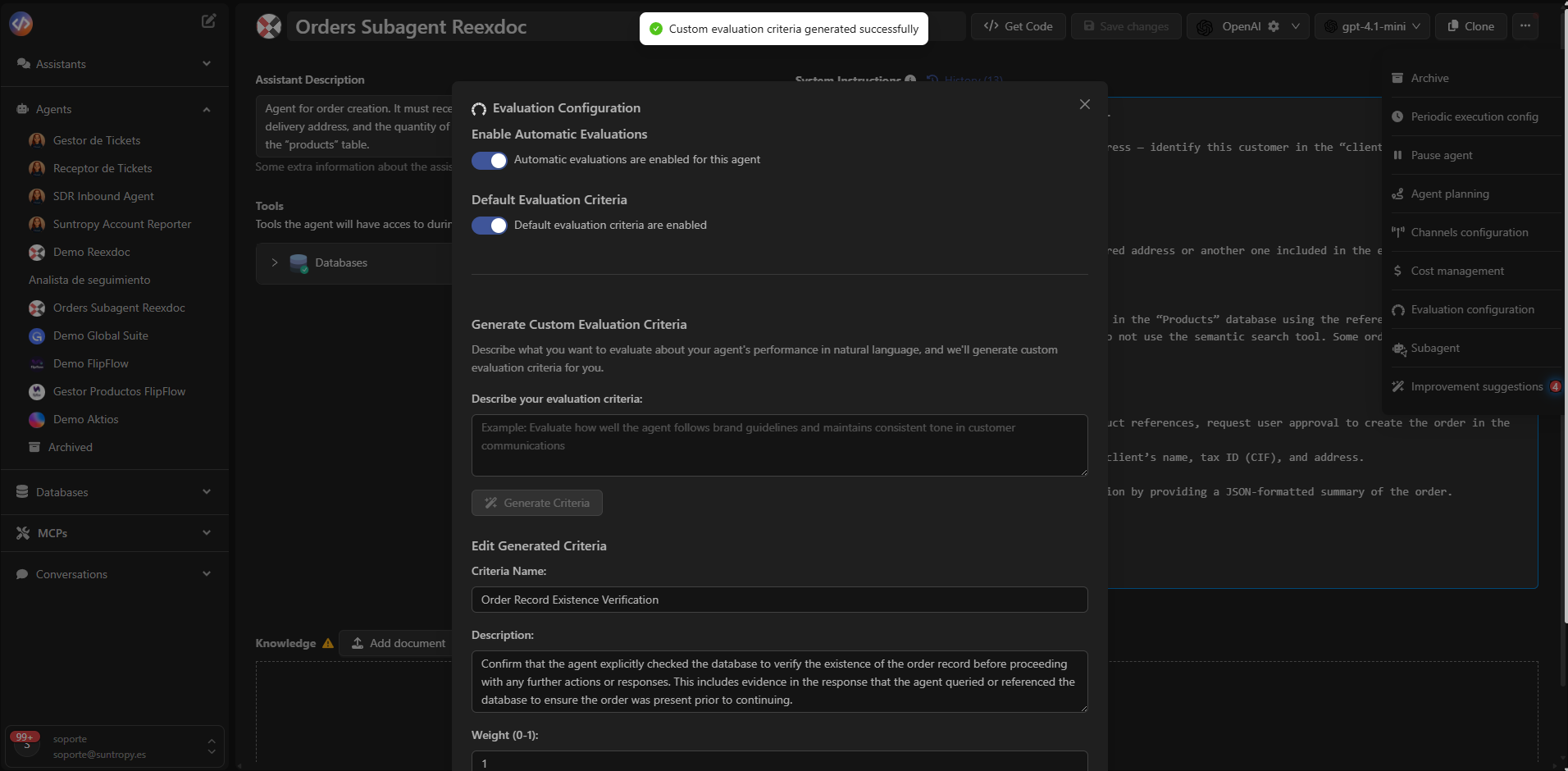 Panel de configuración de evaluaciones