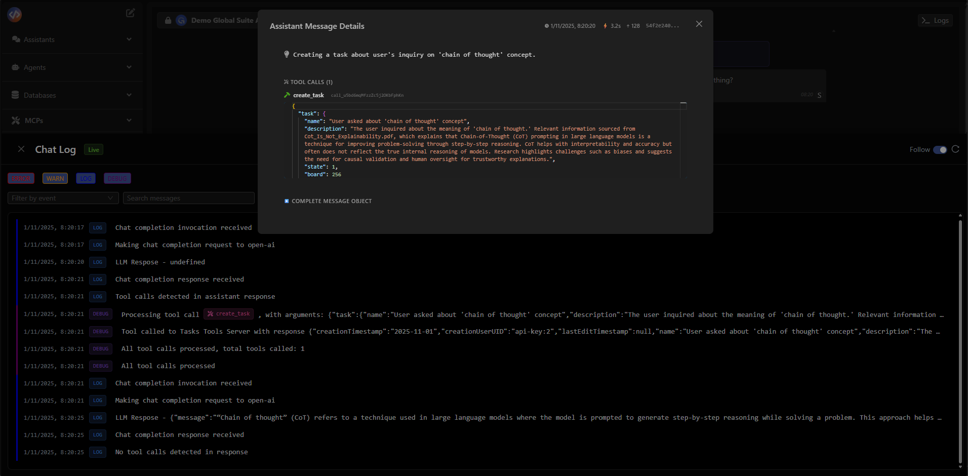 Detalle del mensaje con respuesta de una tool