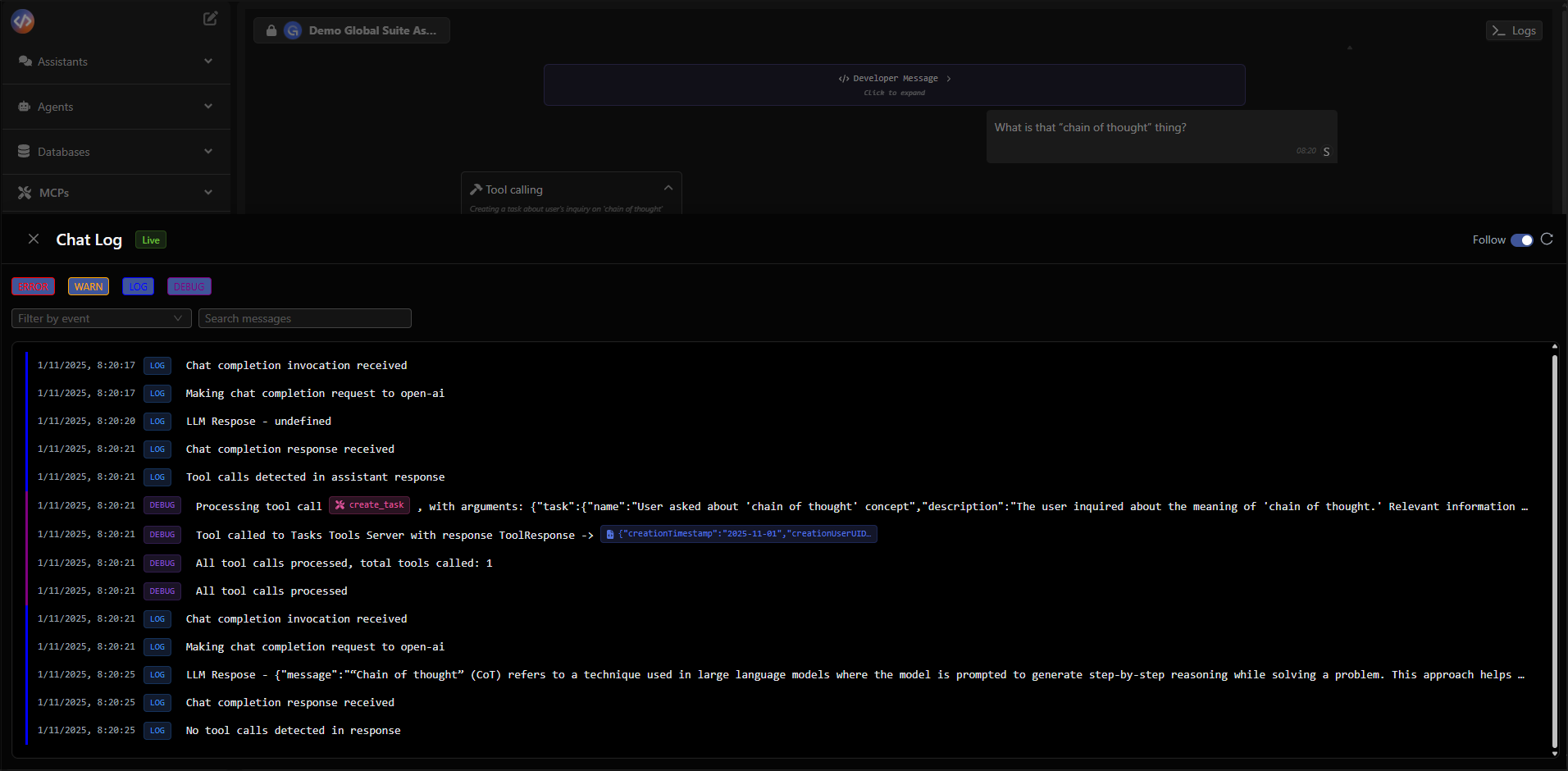 Vista del Chat Log con seguimiento de tool calls
