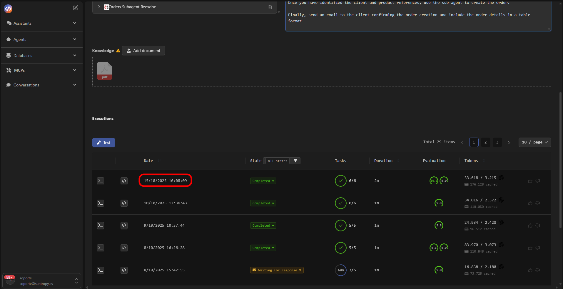 Vista del Thread Log con eventos