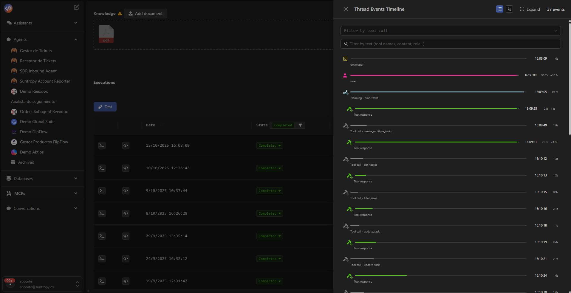 Vista del Thread Log con eventos